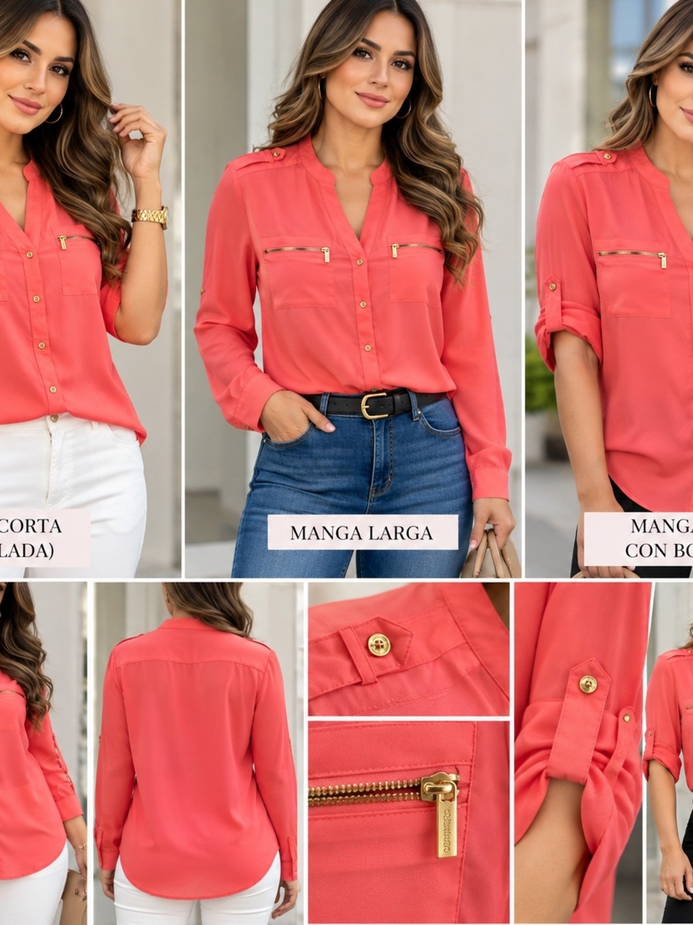 Calvin Klein Coral Button-Front Blouse with Gold Zipper Accents